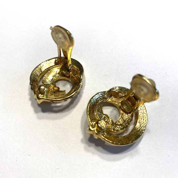 Dressy Vintage Clip On Earrings Gold & Clear White Rhinestone Swirls Chic 90's - Picture 4 of 6